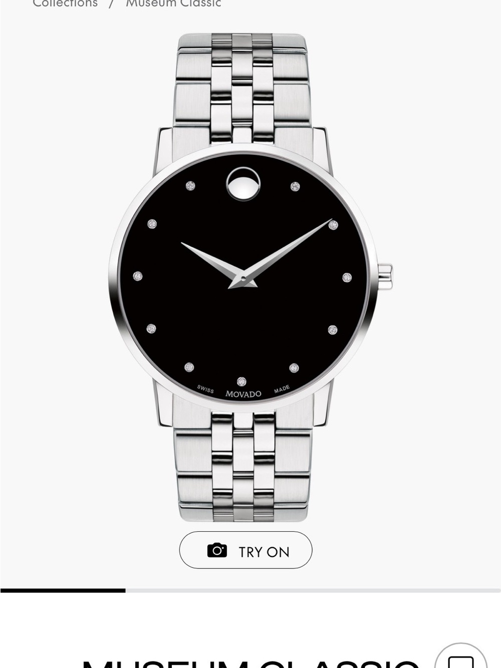 Movado Silver Stainless Steel Watch with Black Dial